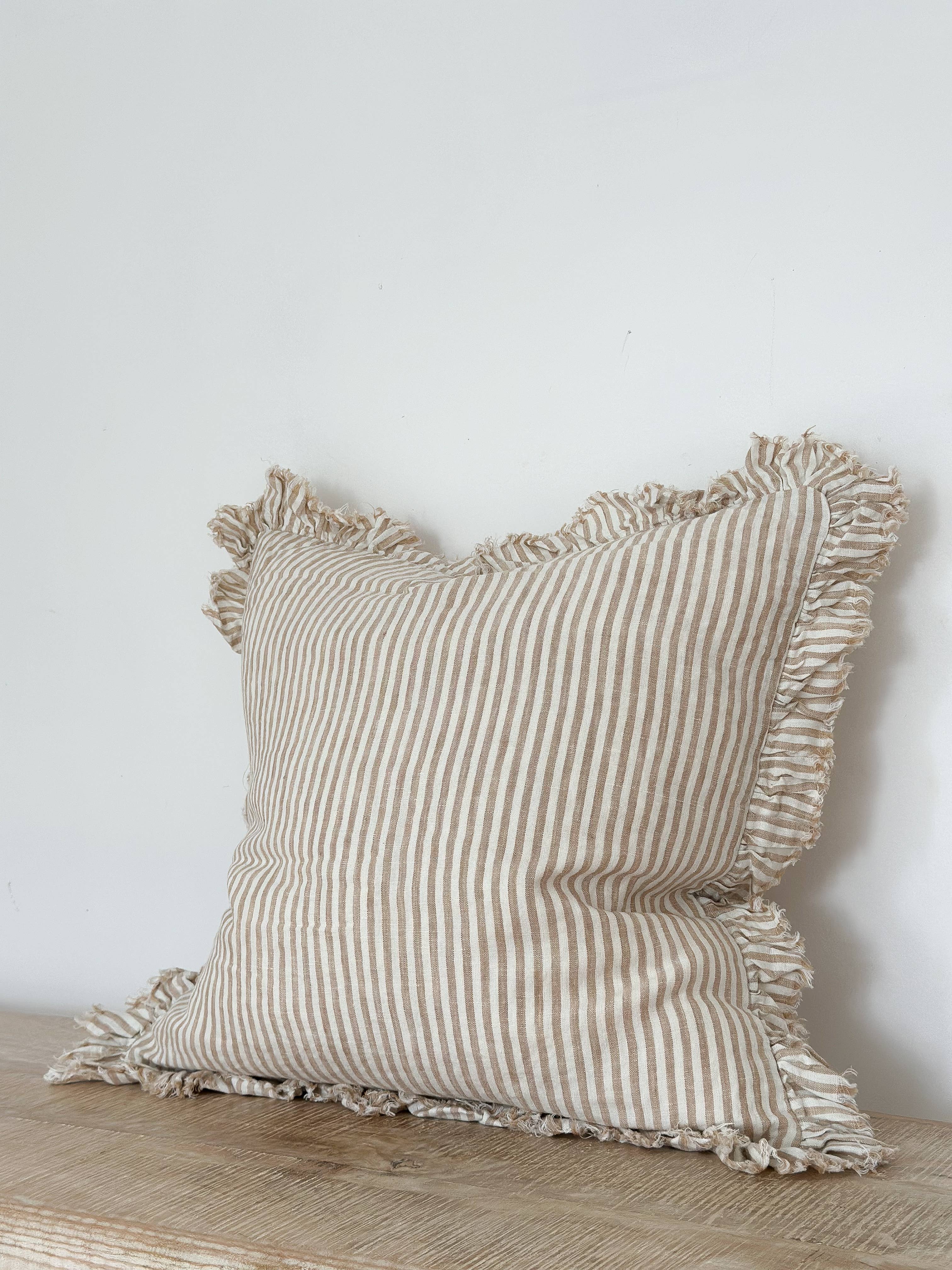 Hallie Ruffle Linen Cushion Cover – Light Brown Stripe + 100% Feather Insert