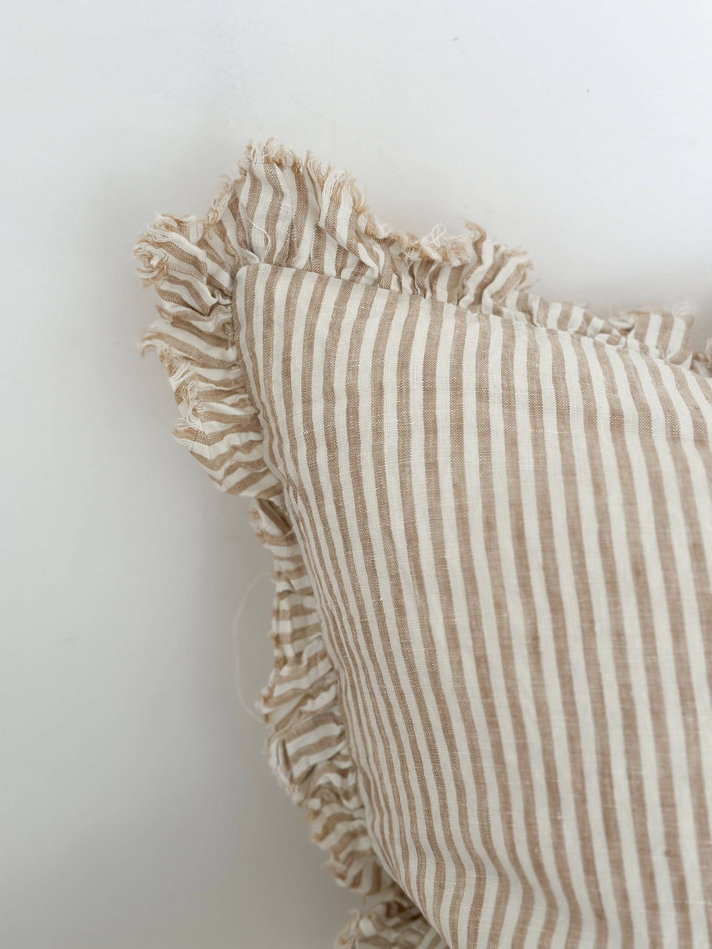 Hallie Ruffle Linen Cushion Cover – Light Brown Stripe + 100% Feather Insert