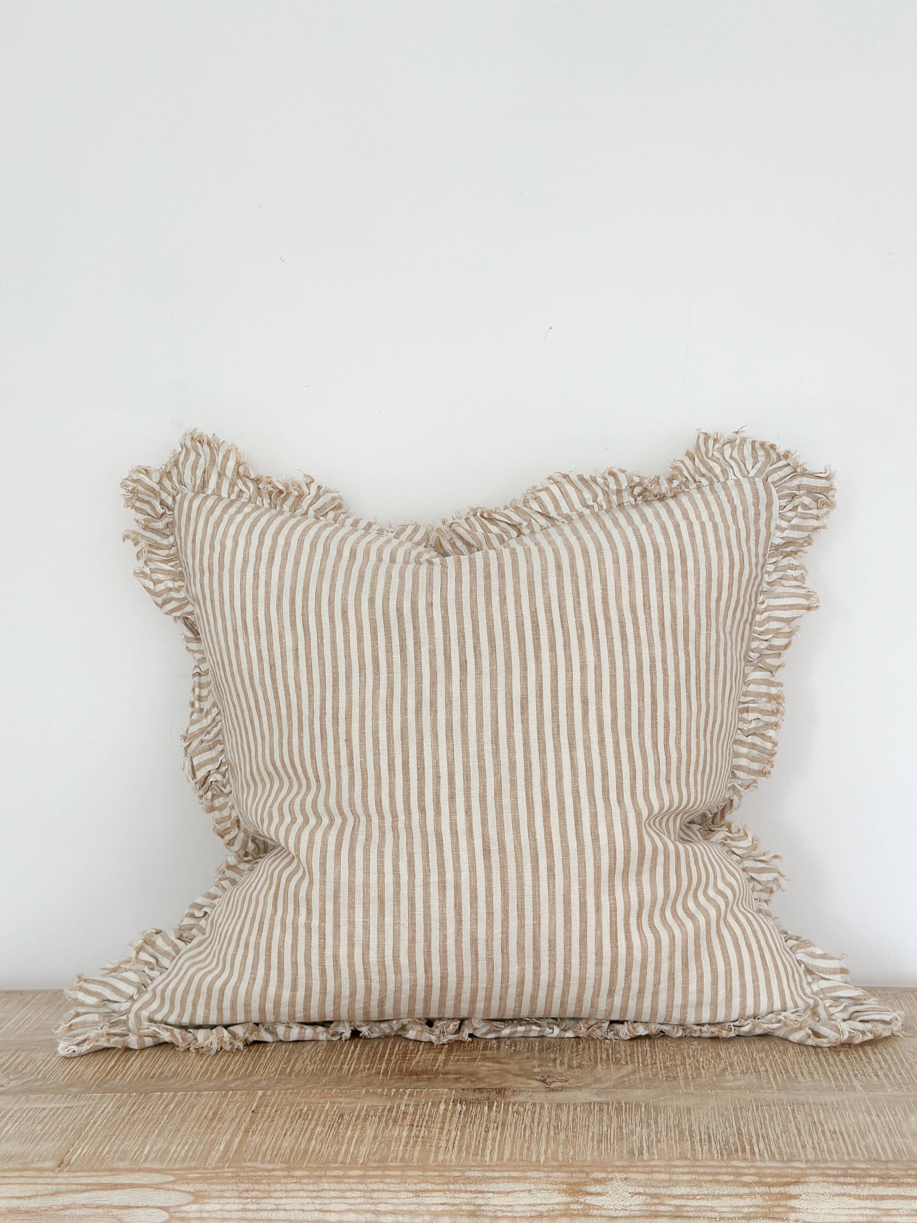 Hallie Ruffle Linen Cushion Cover – Light Brown Stripe + 100% Feather Insert