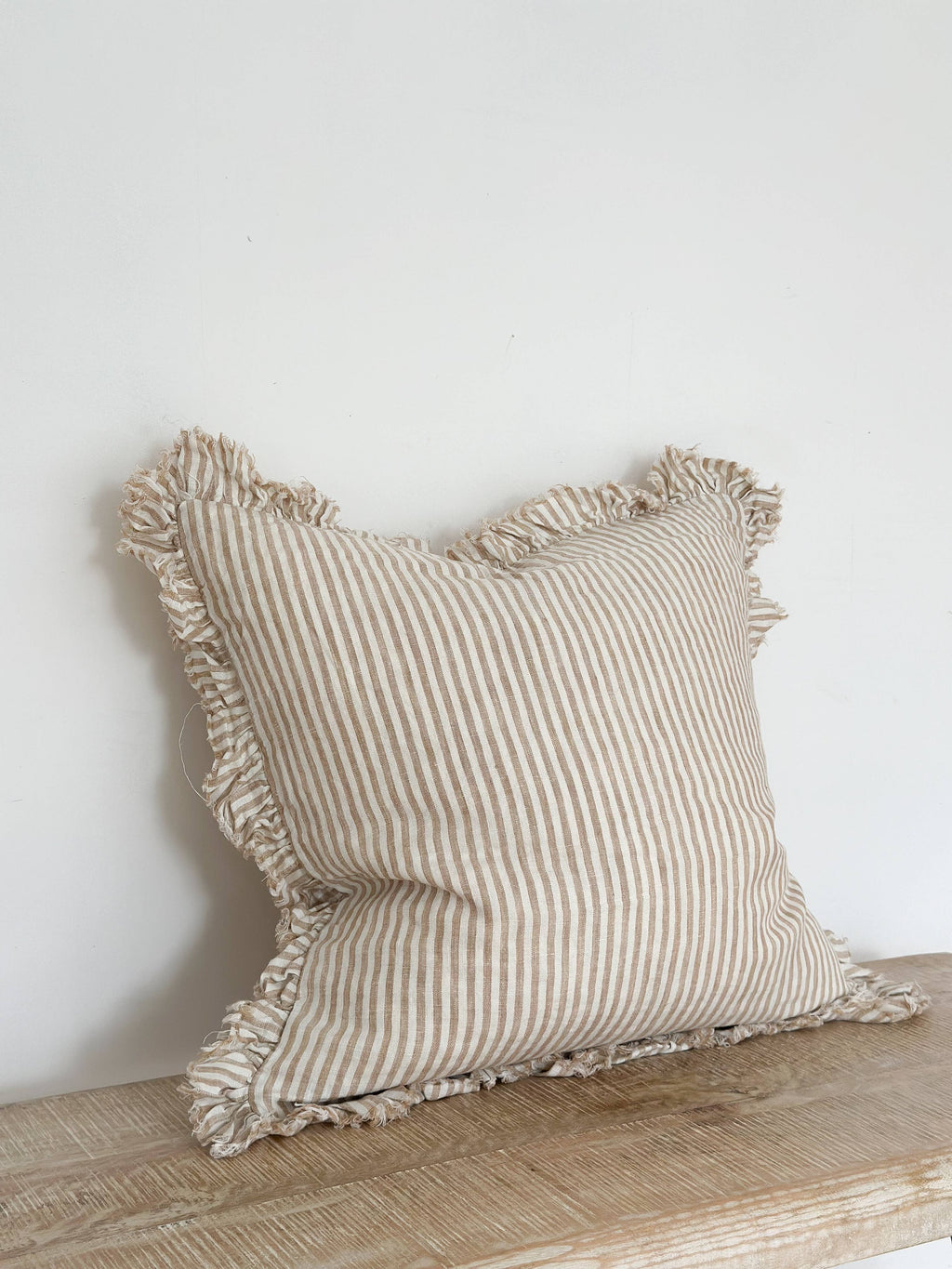 Hallie Ruffle Linen Cushion Cover – Light Brown Stripe + 100% Feather Insert