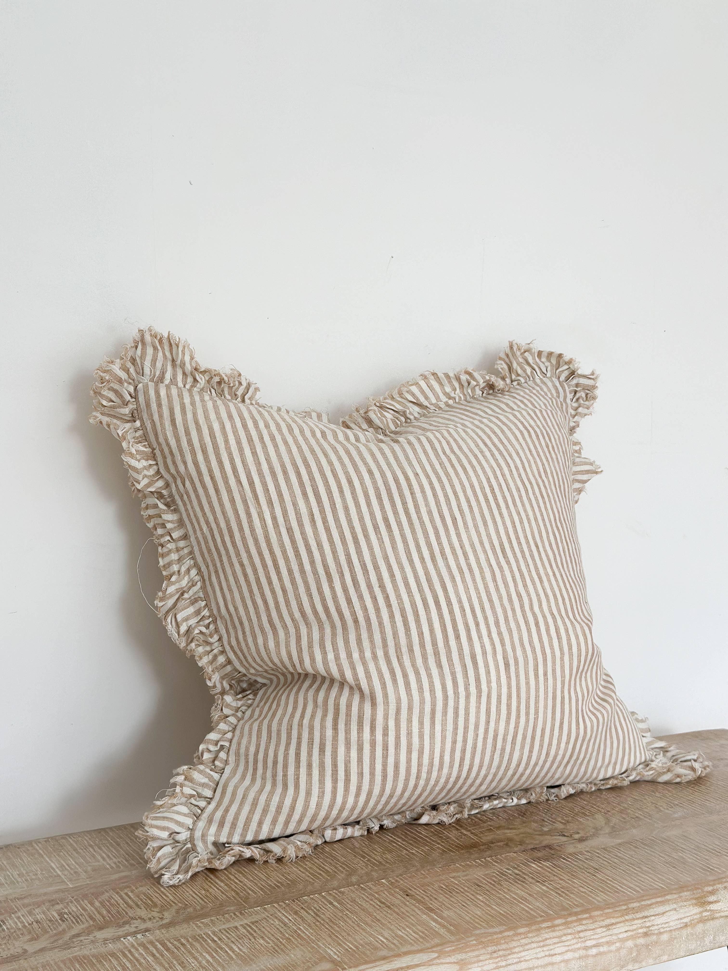 Hallie Ruffle Linen Cushion Cover – Light Brown Stripe + 100% Feather Insert