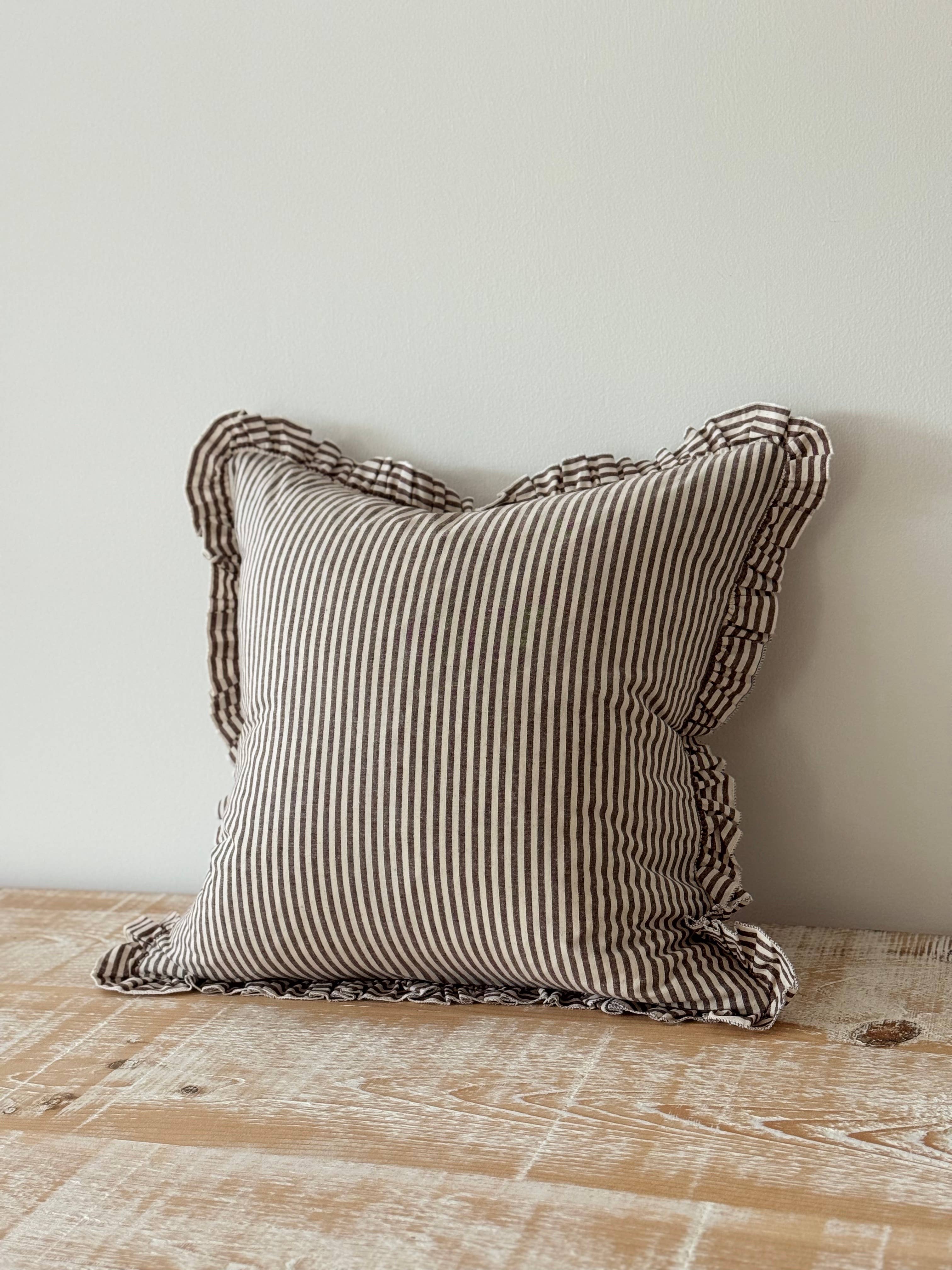Darcy Ruffle Cotton Cushion Cover 65x65 - Dark Brown Stripe + 100% Feather Insert