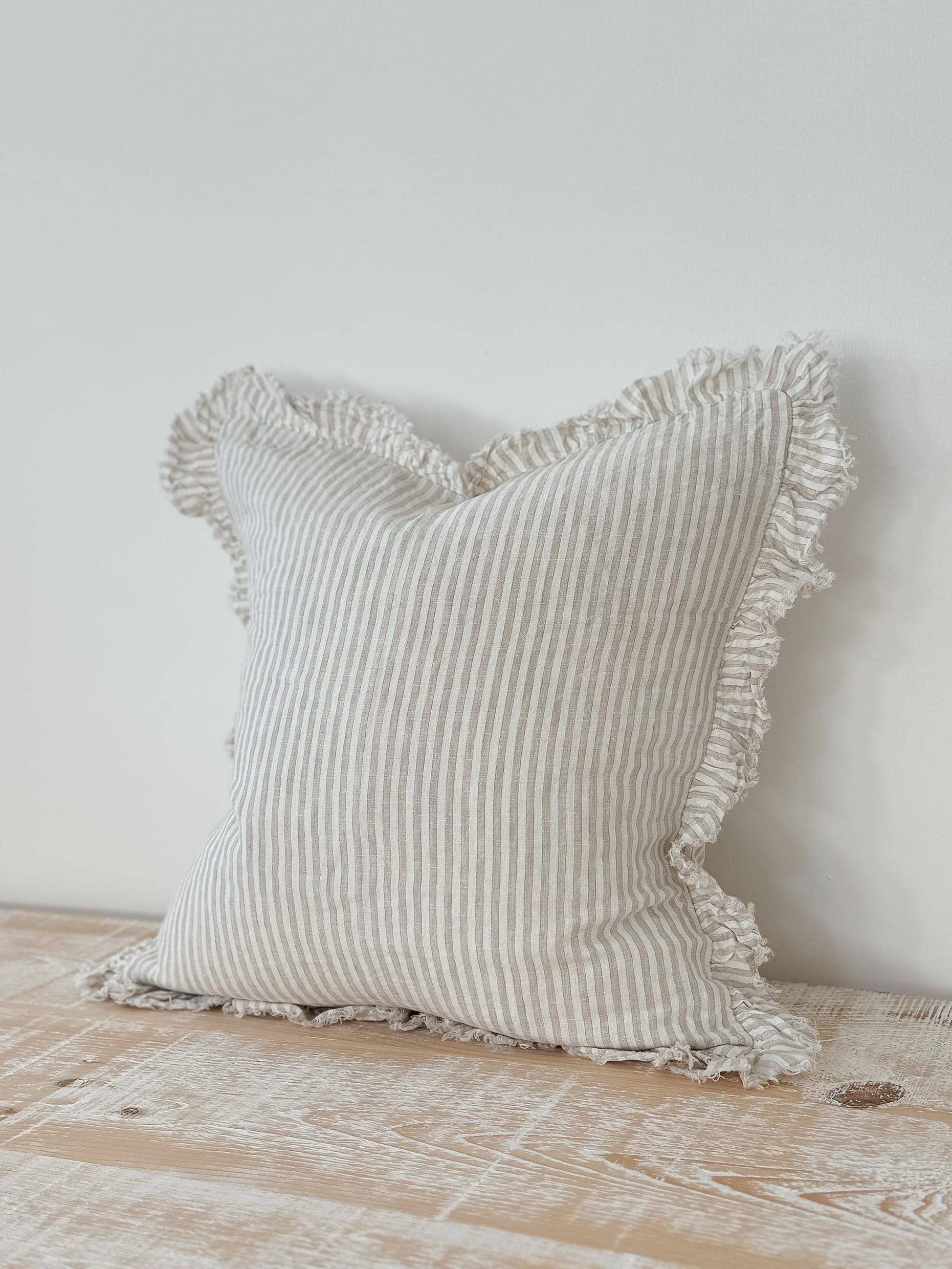 Hallie Natural Stripe Ruffle Edge Cushion Cover 65x65cm + 100% Feather Insert