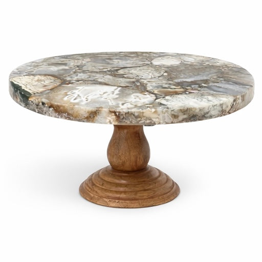 Lila Agate & Wood Pedestal Stand