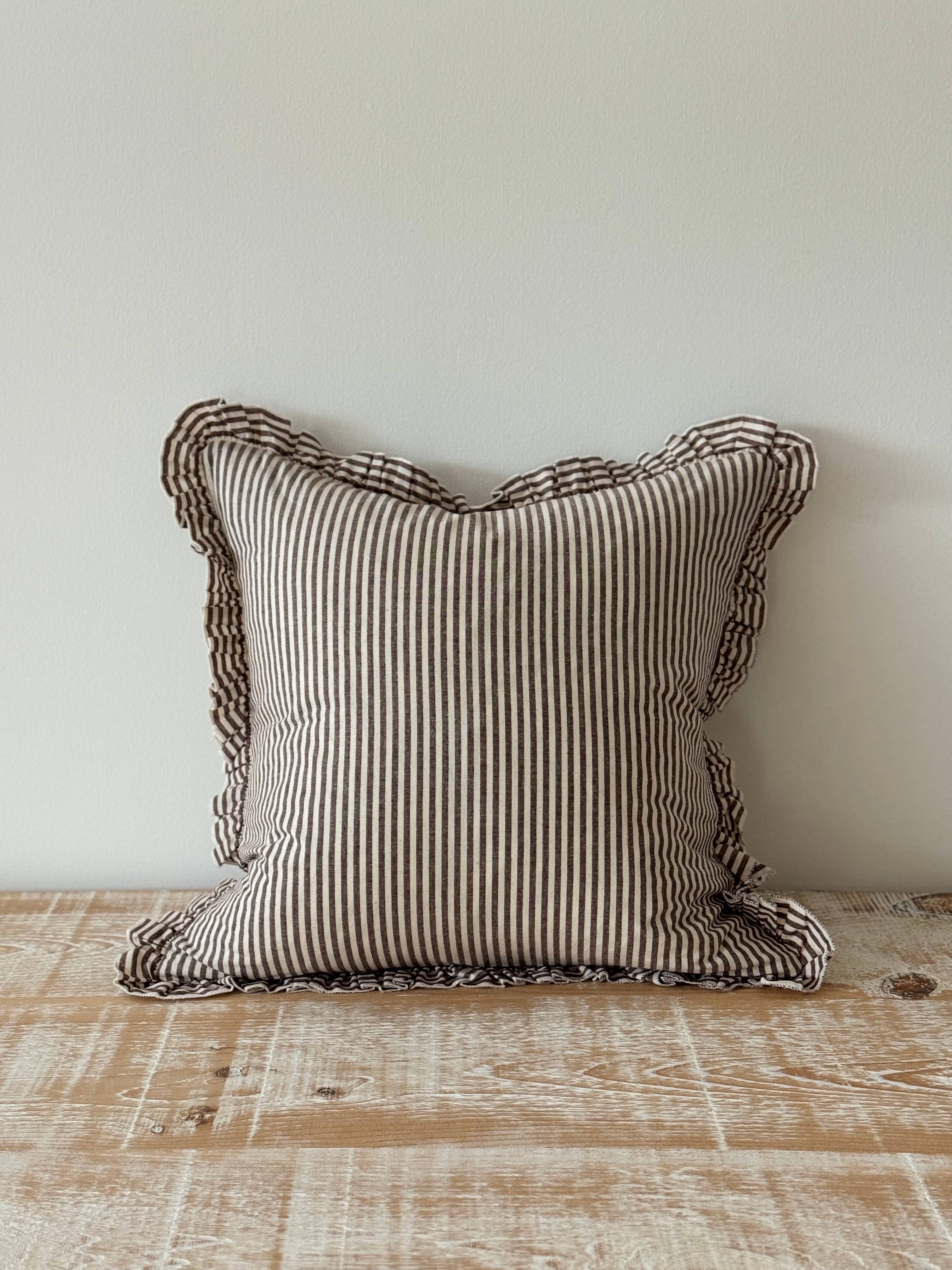 Darcy Ruffle Cotton Cushion Cover 65x65 - Dark Brown Stripe + 100% Feather Insert
