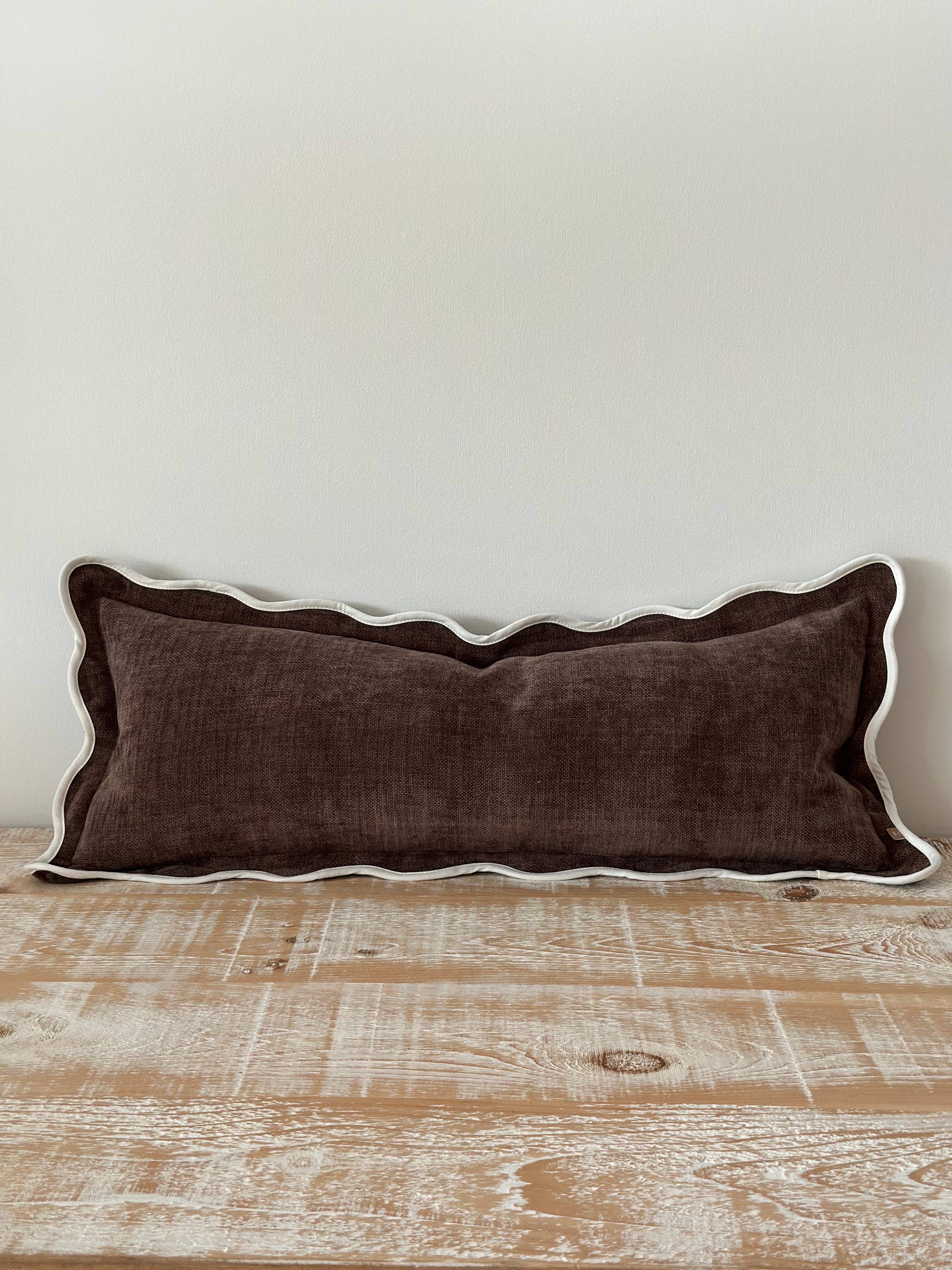 Chloe Dark Brown Scalloped Edge Bolster Cushion Cover 80x30