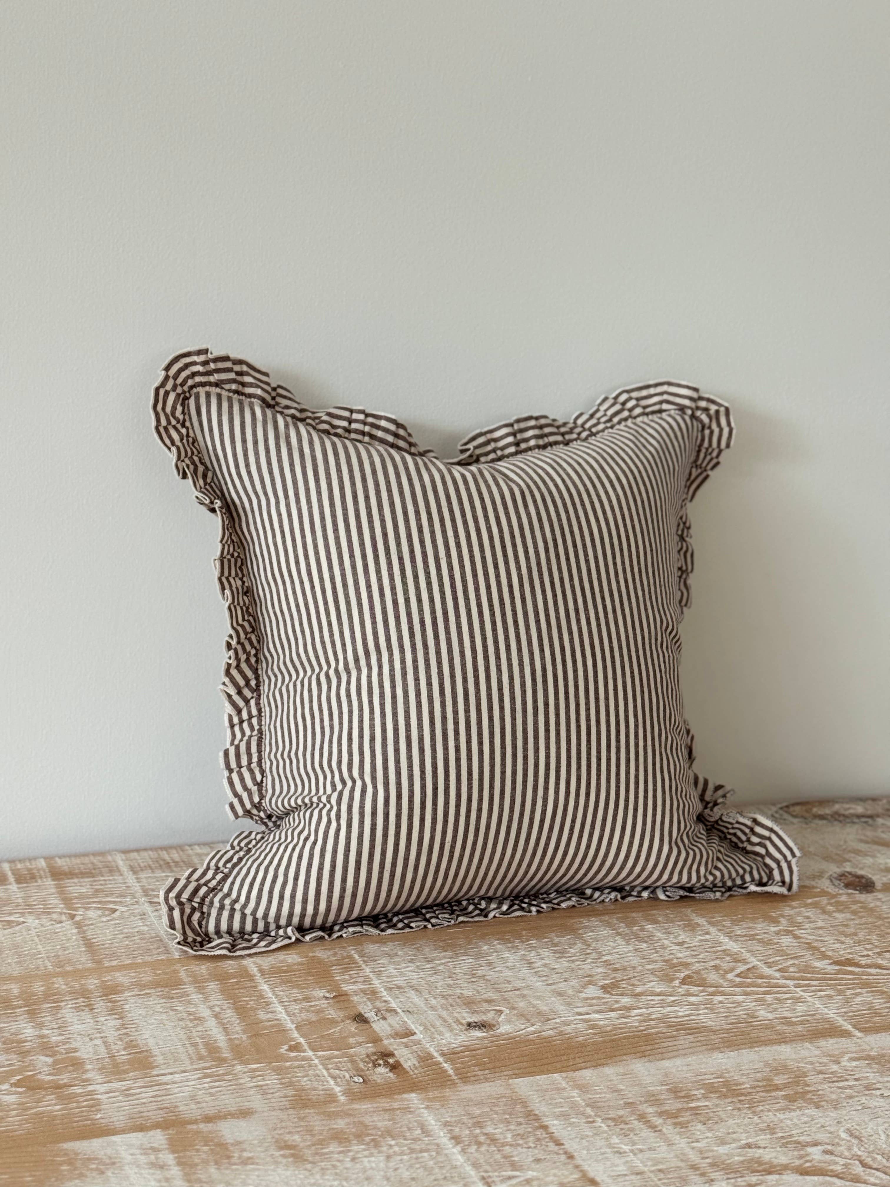 Darcy Ruffle Cotton Cushion Cover 65x65 - Dark Brown Stripe + 100% Feather Insert