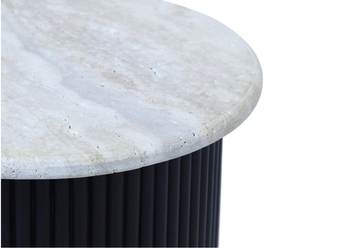 Walton Travertine Top Side Table with Black Acacia Wood Base