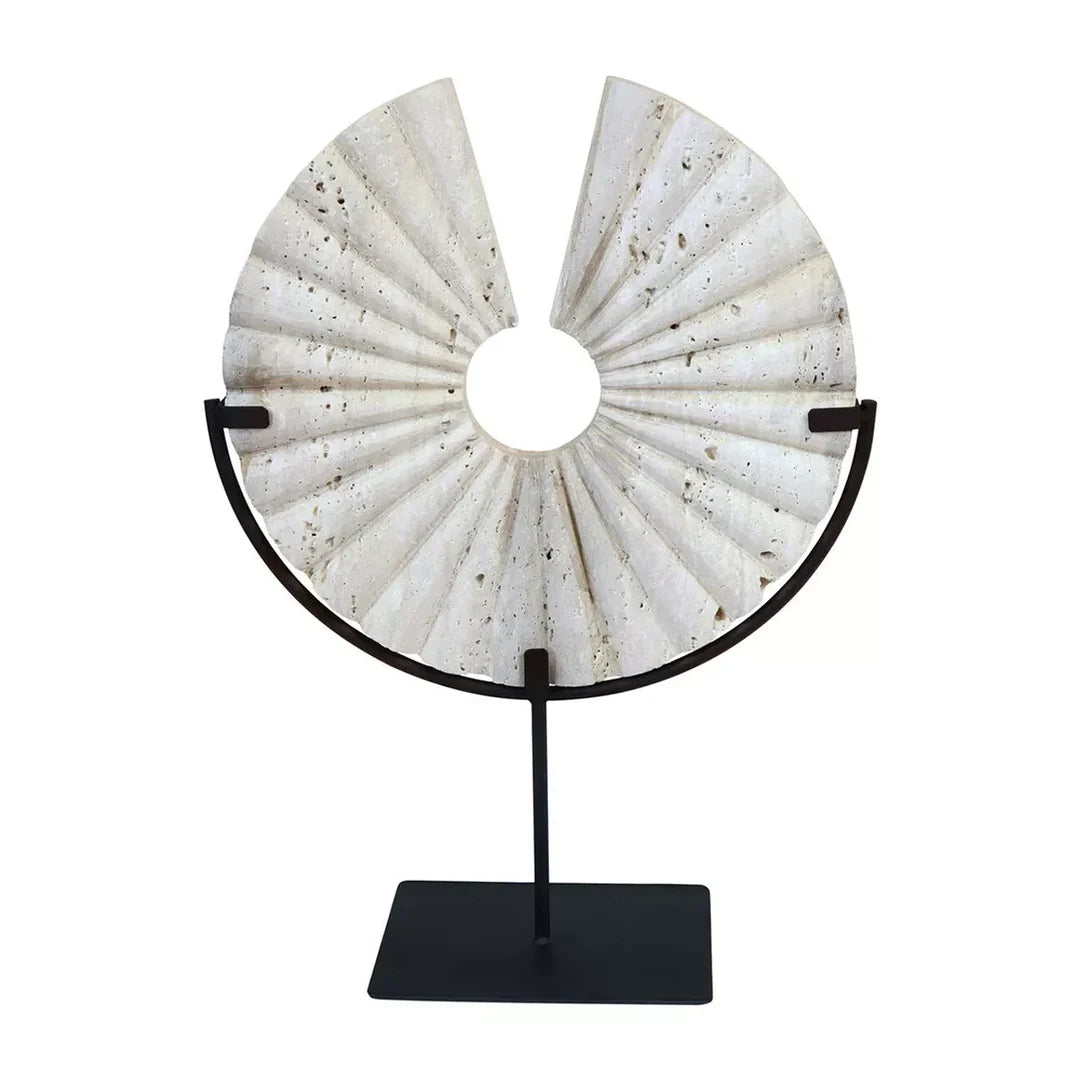 Tibor Travertine Disc Sculpture with Black Metal Base