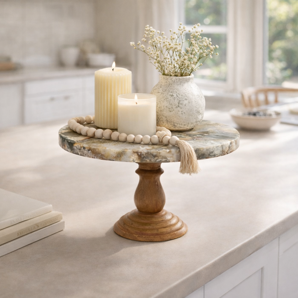Lila Agate & Wood Pedestal Stand