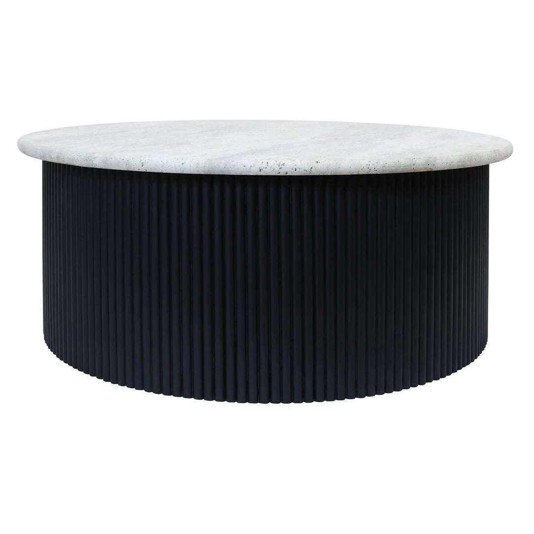 Walton Travertine Top Coffee Table with Black Acacia Wood Base