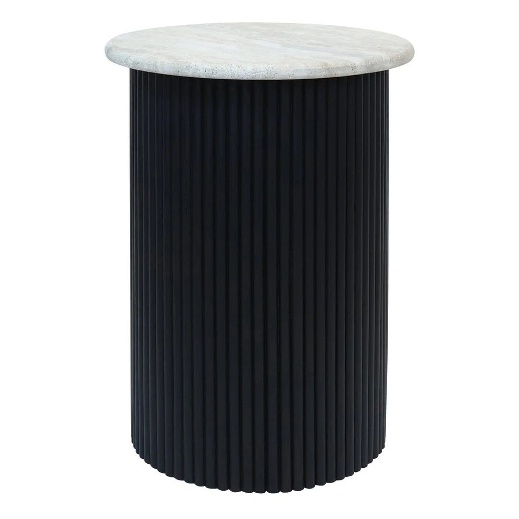 Walton Travertine Top Side Table with Black Acacia Wood Base