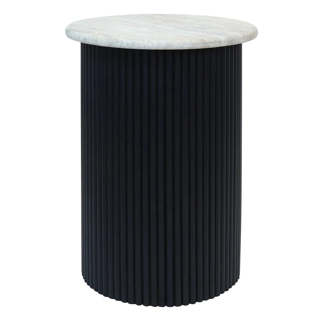 Walton Travertine Top Side Table with Black Acacia Wood Base