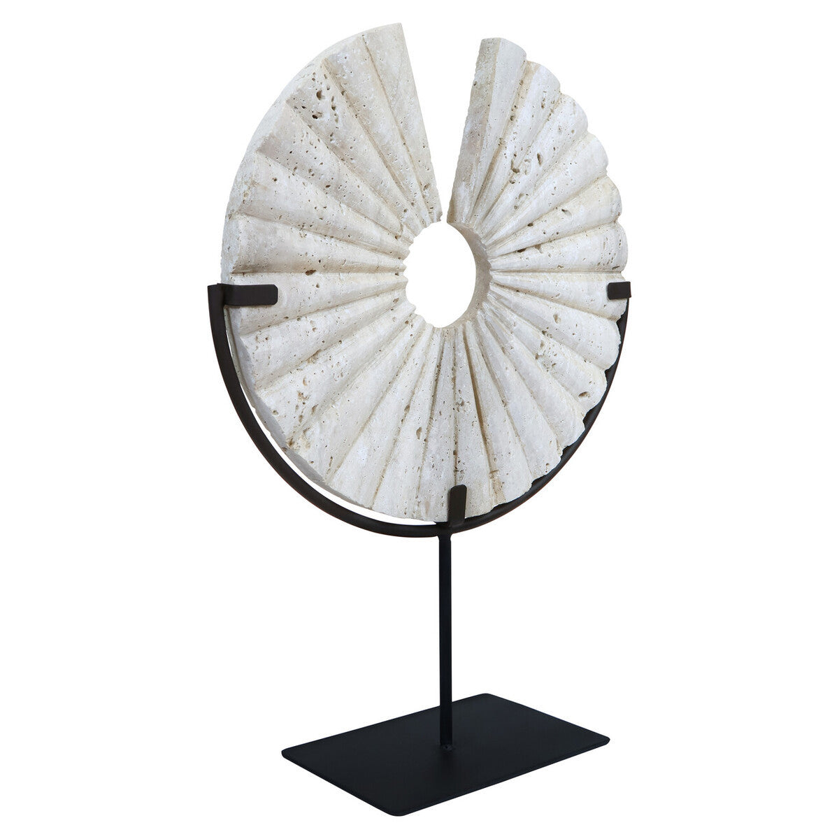 Tibor Travertine Disc Sculpture with Black Metal Base