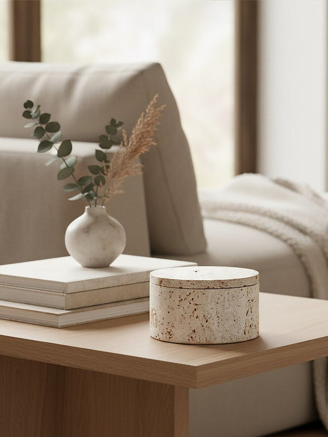 Tibor Travertine Round Trinket Box