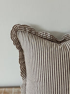 Darcy Ruffle Cotton Cushion Cover 65x65 - Dark Brown Stripe + 100% Feather Insert