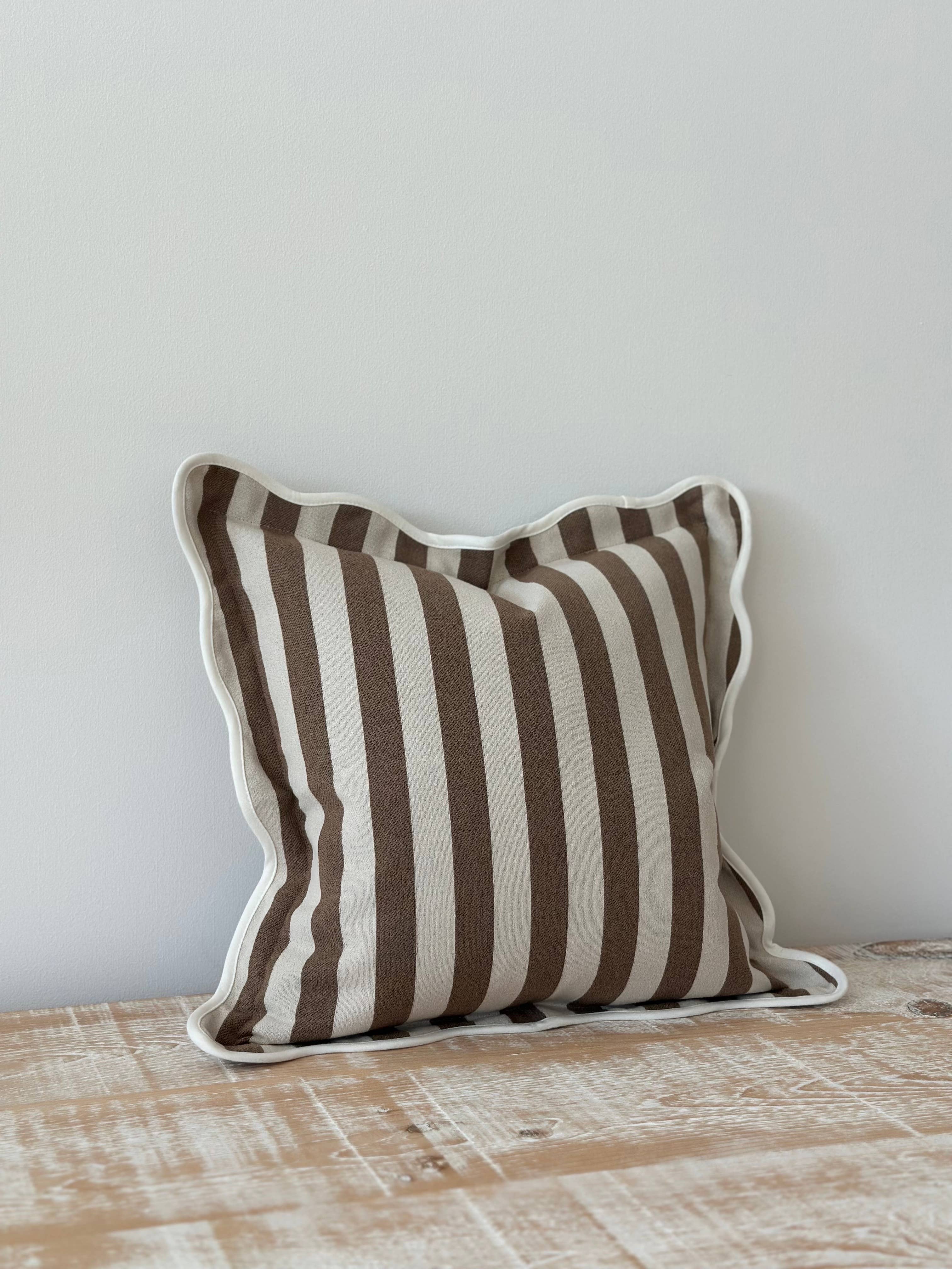 Chloe Brown Stripe Scalloped Edge Cushion Cover + 100% Feather Insert